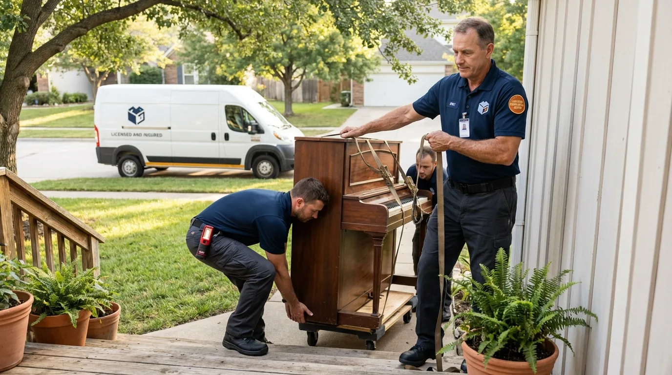 Licensed piano movers securing grand piano in Tekamah, NE