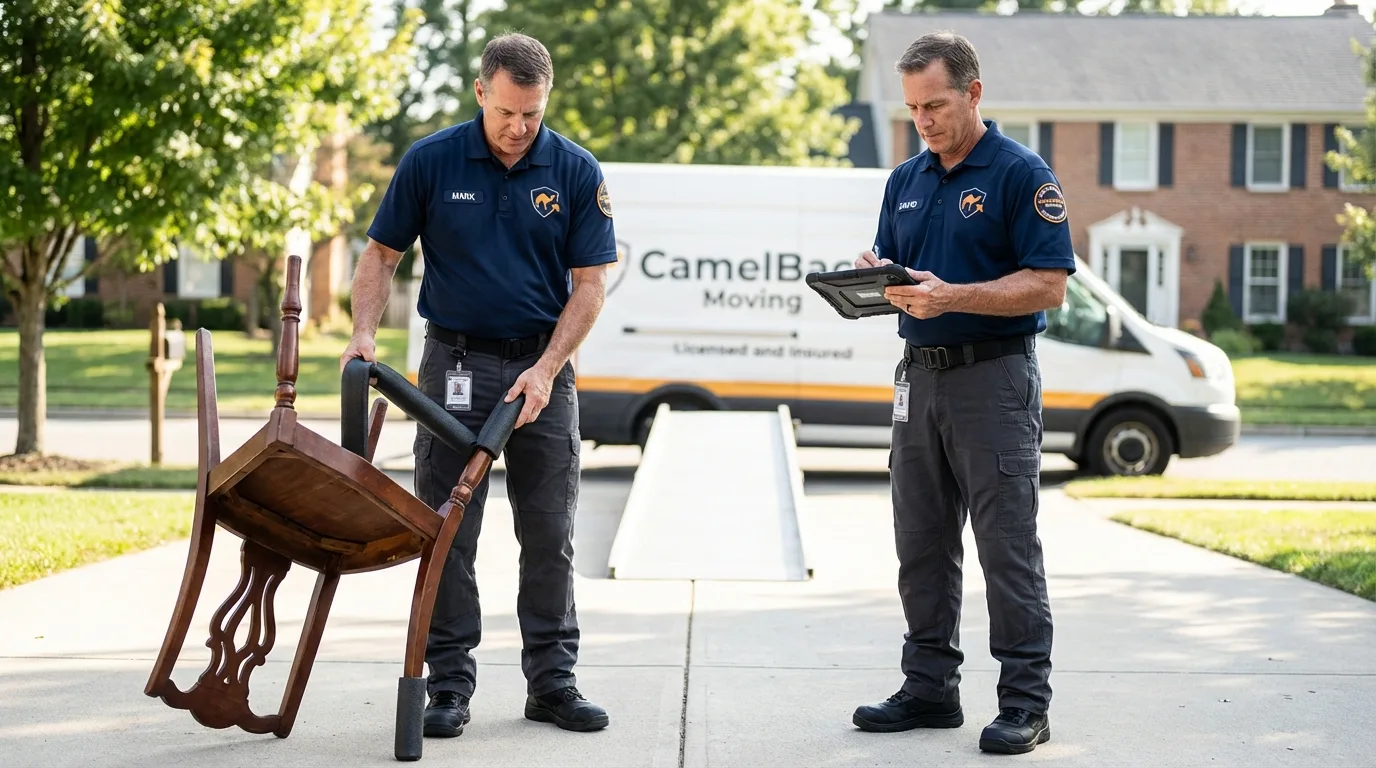 Movers inspecting furniture for damage prevention before loading in Tekamah, NE