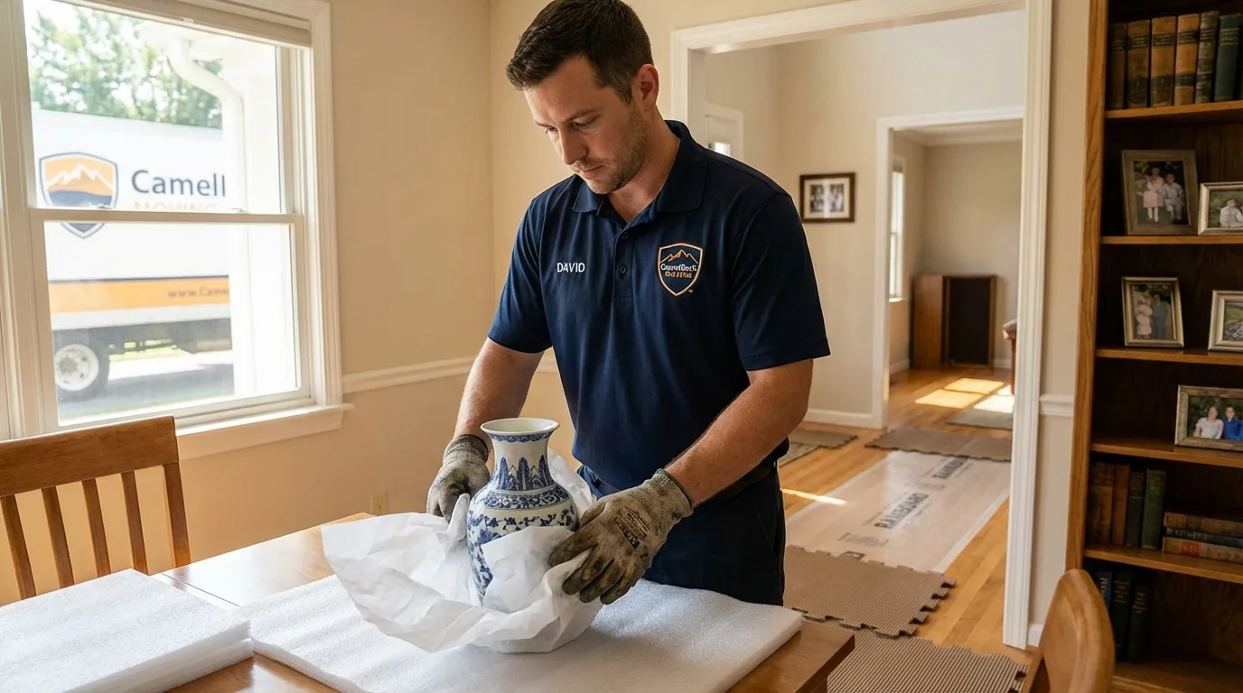 Professional crew carefully wrapping antique vase for senior downsizing move in Tekamah, NE